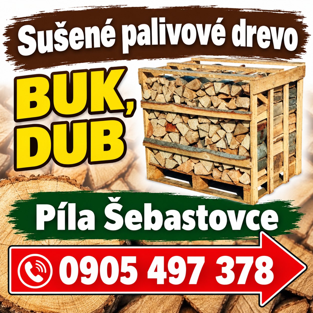 Sušené palivové drevo buk a dub na palete – Píla Šebastovce
